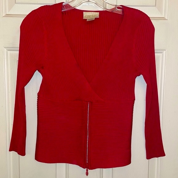 Cache Red V-neck top with Rhinestone zipper - Picture 1 of 10